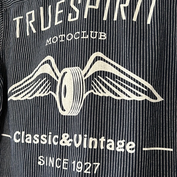 Massive Premium Quality Goods, NYC Navy Blue Striped Shirt w Moto Club Graphics - Picture 8 of 10